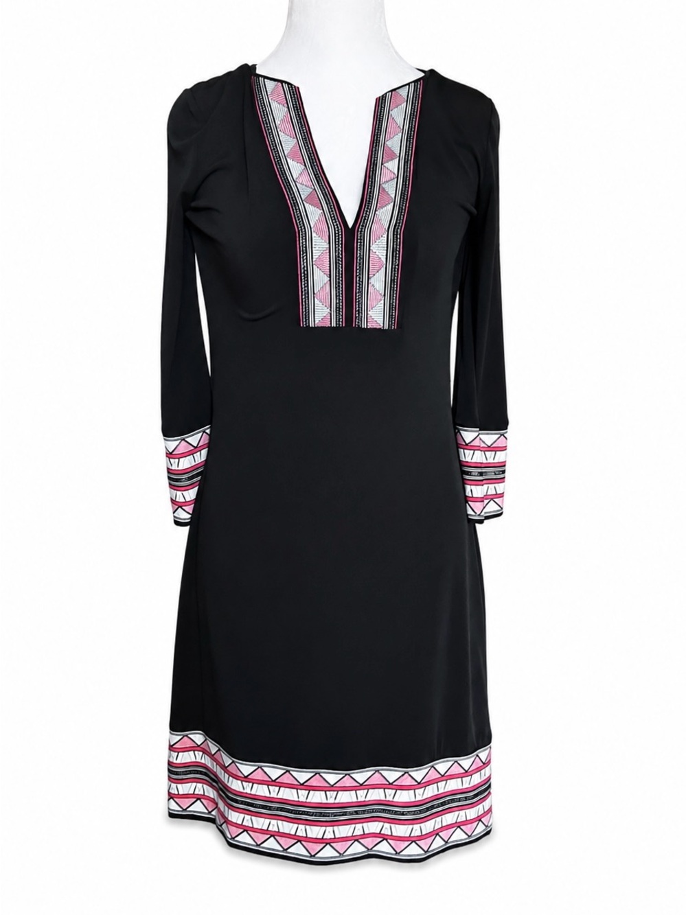 White House Black Market XXS Dress Black Aztec Embroidered Trim V-Neck Shift